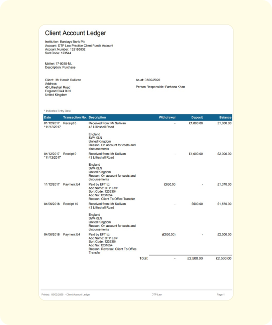Client Account Ledger