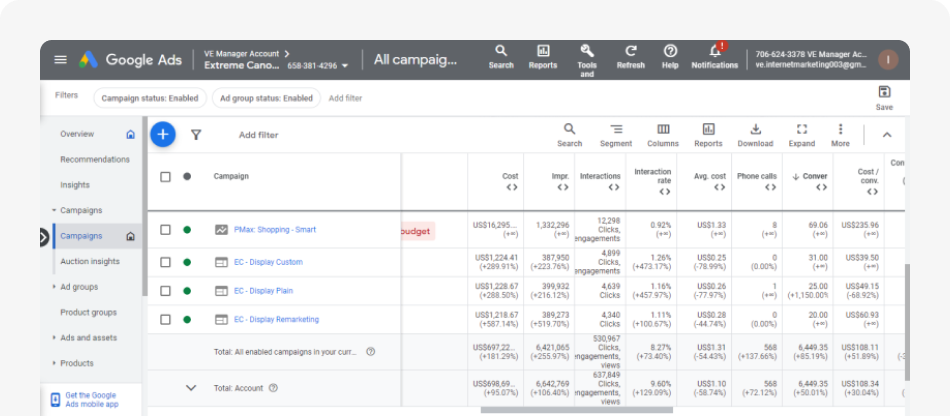 Snapshot showing Google Ads Campaign Performance