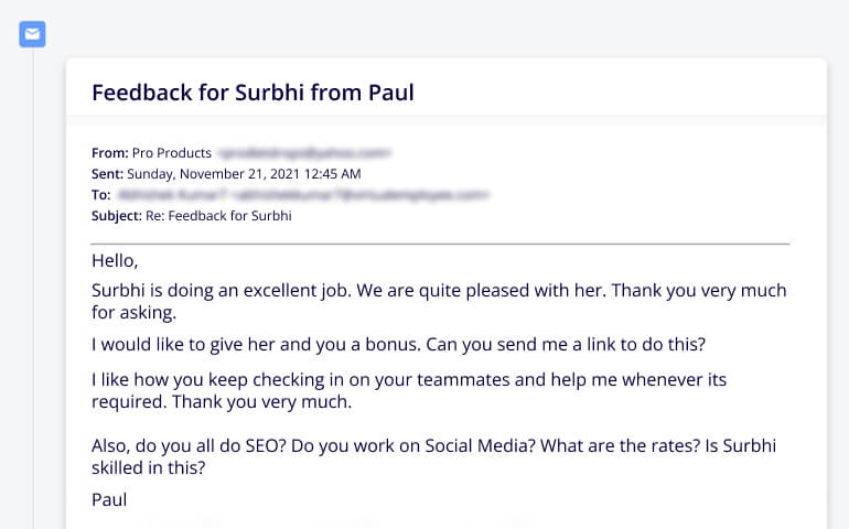 Feedback email for Surbhi from Paul