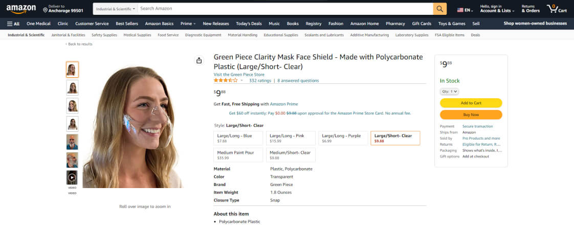Green Piece Clarity Mask Face sheild- Amazon