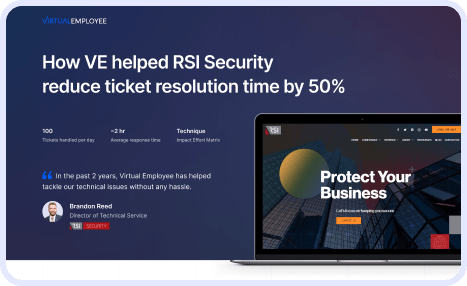 VE logo with a visual illustrating a 50% reduction in ticket resolution time for RSI Security
