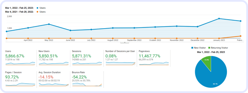 Google Analytics with Pie diagram showing New Visitor and Returning Visitor