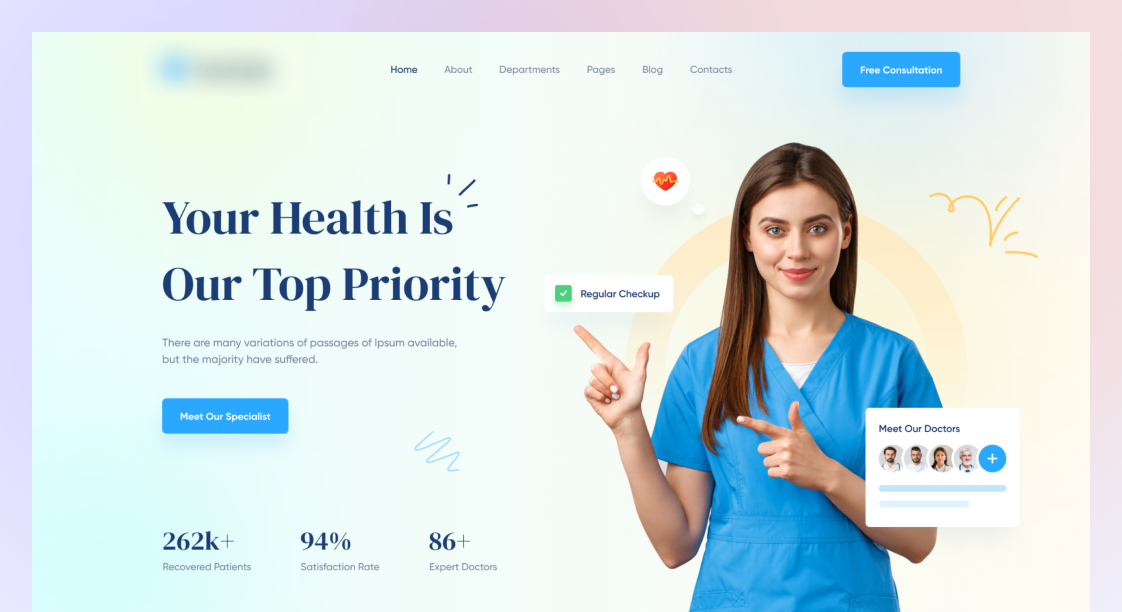 Doctor pointing at the sentence -Your health is our top priority, on home page
