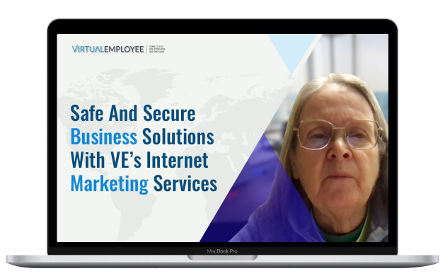 MacBook Pro displaying VE logo with the text 'Safe and Secure Business Solutions with 'VE's Internet Marketing Services'