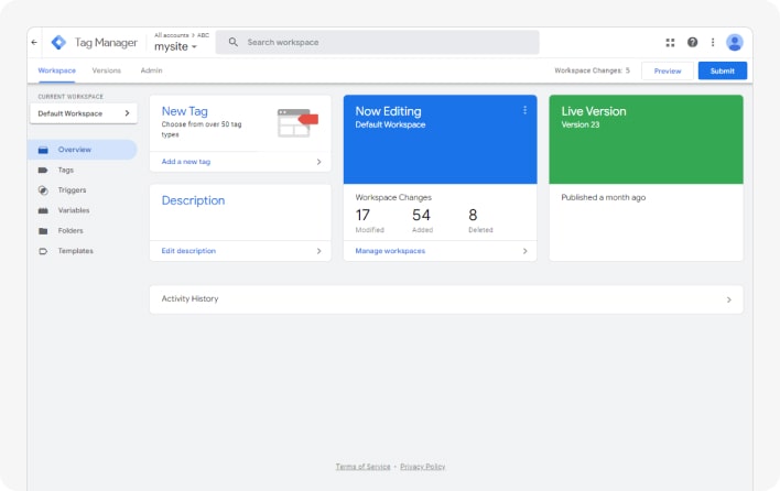 Google Tag Manager workspace overview displaying live version 23.
