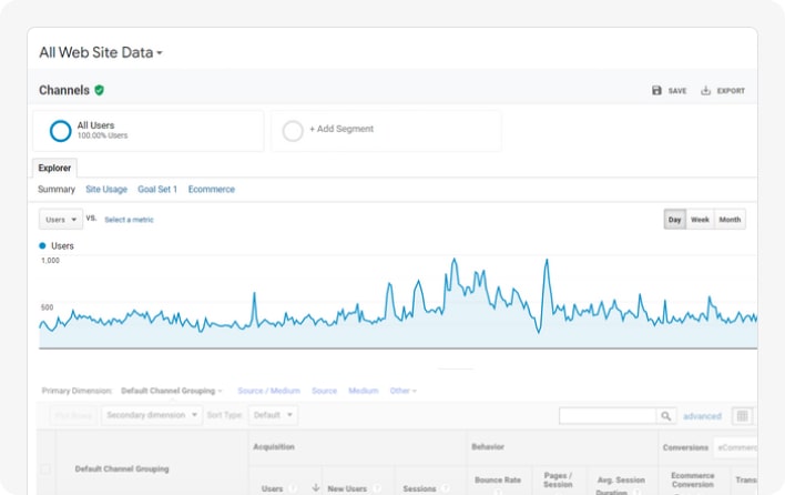 Overview of all website data per day showing 1,000 users