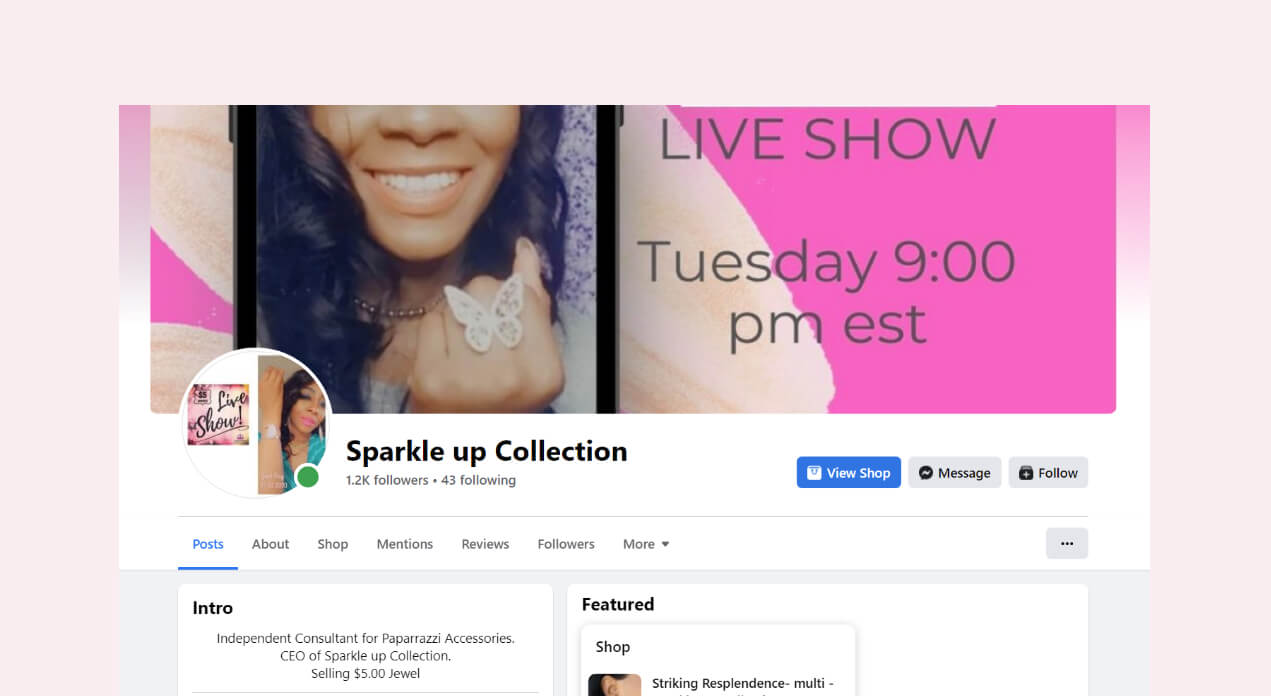 Sparkle Up Collection's Facebook interface for customer engagement