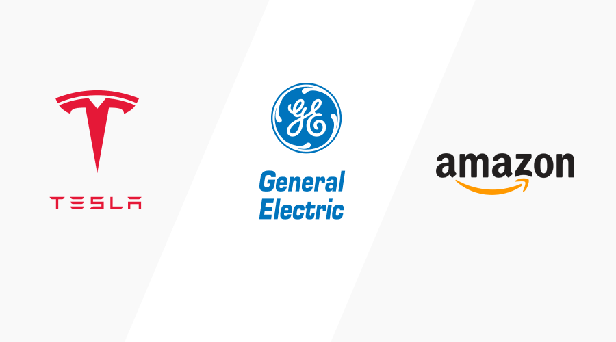 Logos of Tesla, General Electric and Amazon