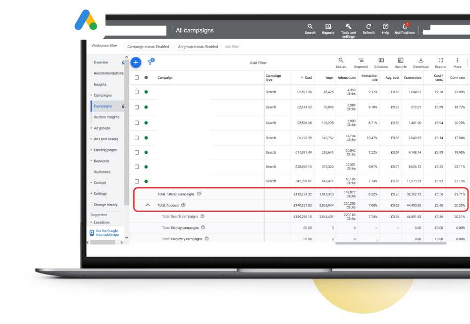 Google Ads- Highlighting total filtered Campaign