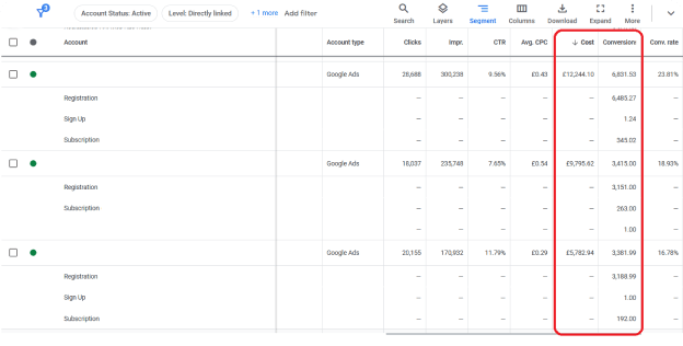 Google Ads- Highlighting Cost and Conversion
