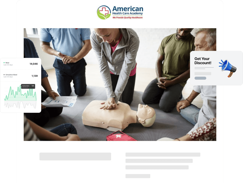 Image Showcasing the email marketing achievements of American Healthcare Academy.