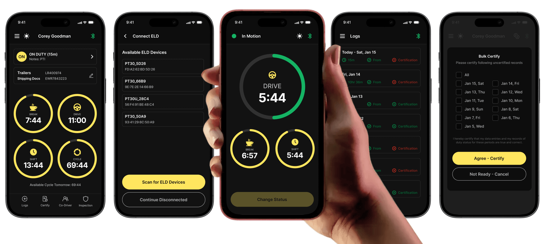 Mobiles screens showing status- Break, drive, Shift