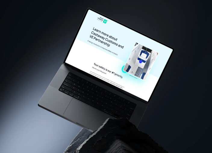 Laptop showing- Learn more about Castaway Custom and VE partnership