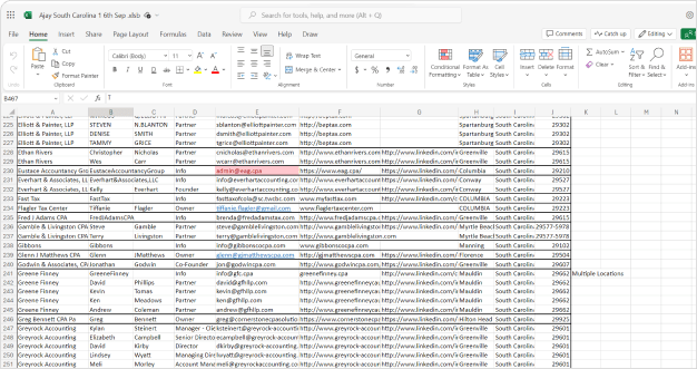 Excel sheet showing email ID's