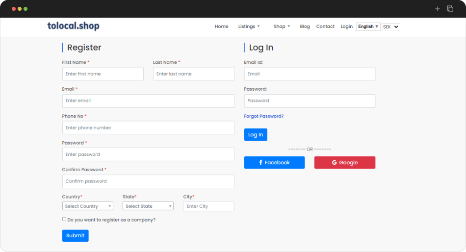 tolocal. shop register page